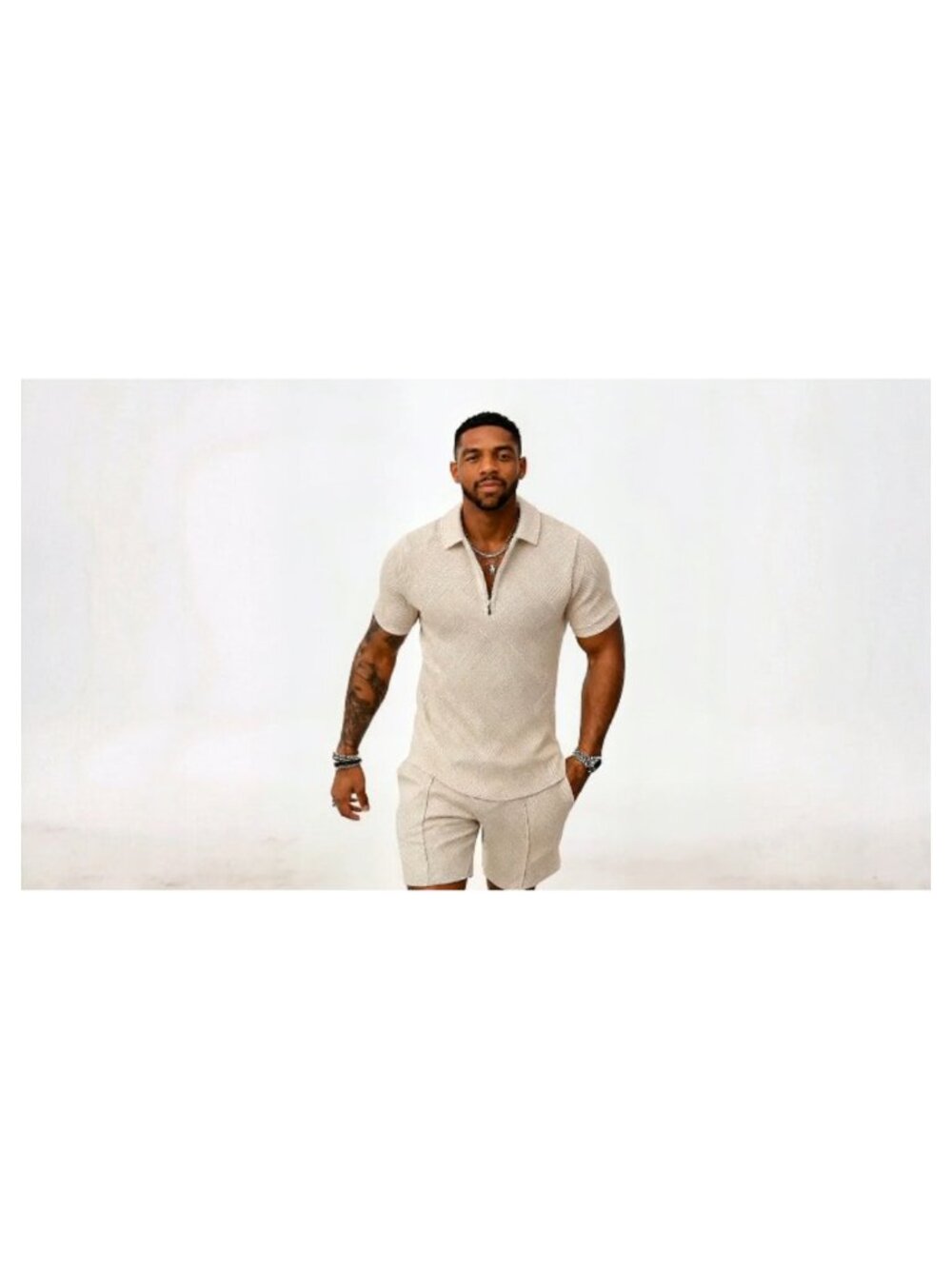 Men's 2-Piece Quarter-Zip Polo and Shorts Set, Polyester Summer Outfit - Picture 6 of 6